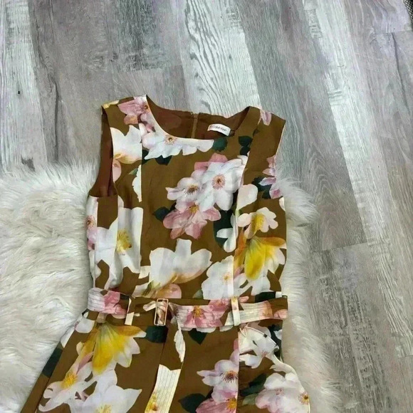 Calvin Klein Women Floral Printed Ruffled,Hem Dress, Tan Wheat Sz 6 - Picture 10 of 10